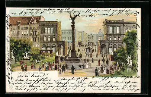 Lithographie Berlin-Kreuzberg, Belle-Alliance-Platz mit Passanten und Strassenblick