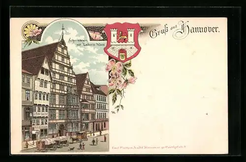 Lithographie Hannover, Schmiedestrasse mit Leibnitz-Haus, Stadtwappen