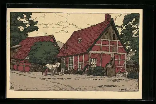 Steindruck-AK Fallingbostel /Lüneb. H., Alte Schmiede mit Hufschmied bei der Arbeit