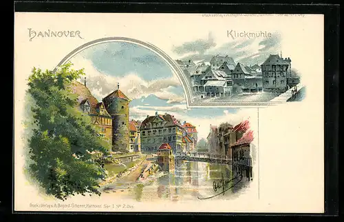 Lithographie Hannover, Klickmühle, Stadtansicht