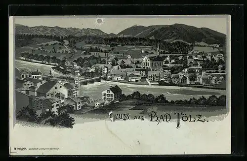 Mondschein-Lithographie Bad Tölz, Ortsansicht mit Brücke und Bergpanorama