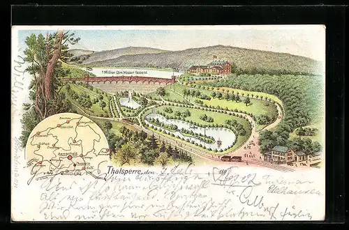 Lithographie Remscheid, Gesamtansicht mit Thalsperre