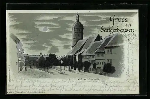 Lithographie Sangerhausen, Markt mit Jakobikirche