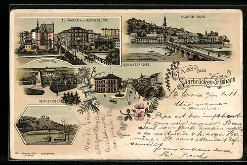 Lithographie St. Johann-Saarbrücken, Ortsansicht mit neuer Brücke, Reichsstrasse, Ehrental und Spichernberg