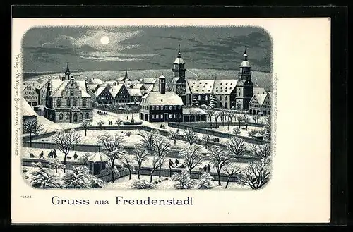 Winter-Lithographie Freudenstadt, Teilansicht bei Nacht, Neujahrsgruss
