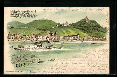 Lithographie Königswinter, Ortsansicht mit Dampfer
