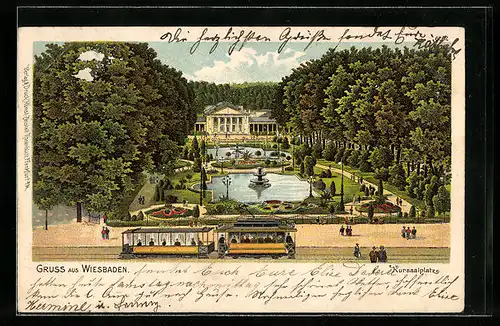 Lithographie Wiesbaden, Kursaalplatz mit Strassenbahn