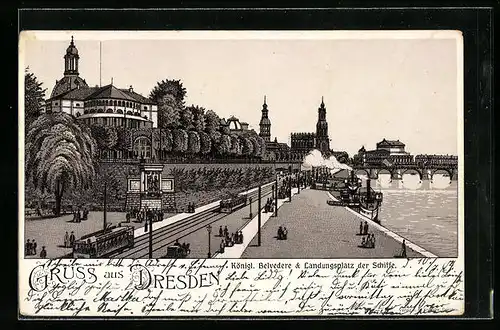 Lithographie Dresden, Königl. Belvedere & Landungsplatz der Schiffe