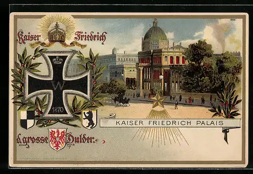 Lithographie Berlin, Partie am Kronprinzen-Palais, Kaiser Friedrich d. grosse Dulder