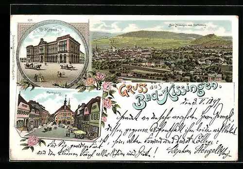 Lithographie Bad Kissingen, Marktplatz, Kurhaus, Ortsansicht vom Staffelsberg