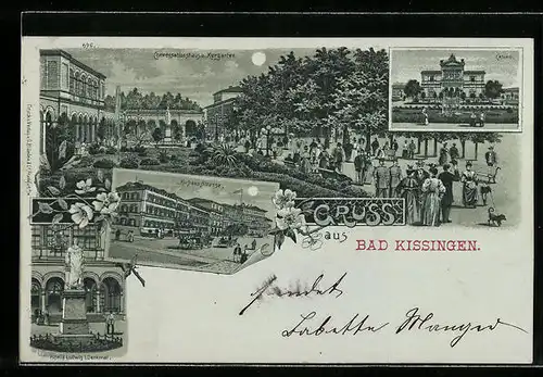 Mondschein-Lithographie Bad Kissingen, Conversationshaus und Kurgarten, Kurhaus-Strasse