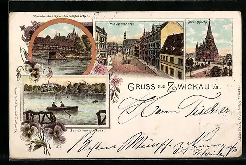 Lithographie Zwickau i / S., Hauptmarkt, Moritzkirche, Schwanen-Schloss