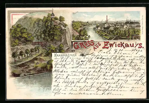 Lithographie Zwickau i. S., Uferpartie, Knappengrund