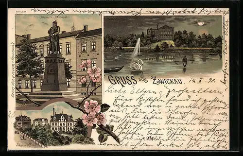 Lithographie Zwickau i. Sa., Bismarckdenkmal, Johannesbad und Schwanenteich
