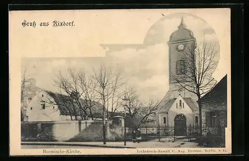 AK Berlin-Rixdorf, Boehmische Kirche mit benachbarten Gebäuden