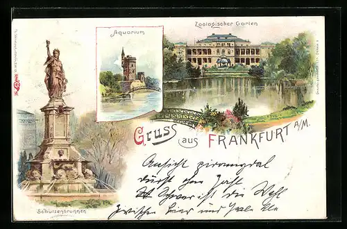 Lithographie Frankfurt-Ostend, Zoologischer Garten, Aquarium, Schützenbrunnen