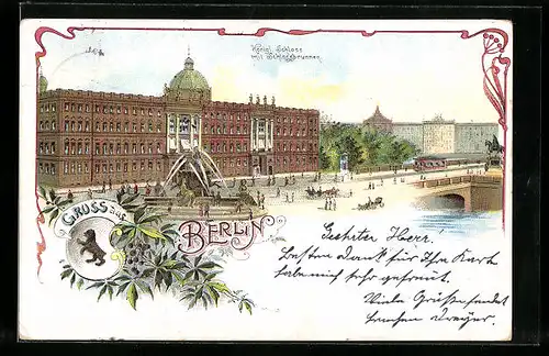 Lithographie Berlin, Kgl. Schloss mit Schlossbrunnen