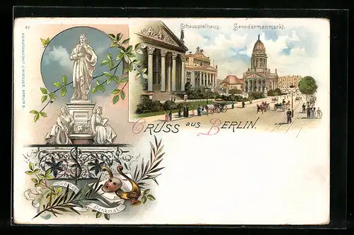 Lithographie Berlin, Schauspielhaus und Gendarmenmarkt, Schiller-Denkmal