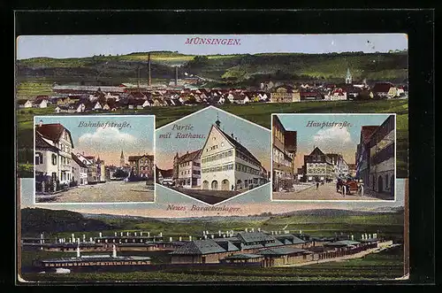 AK Münsingen, Ortsansicht (Panorama), Bahnhofstrasse, Partie mit Rathaus, Hauptstrasse