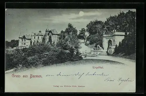 Mondschein-AK Barmen, Ringelthal mit Gebäuden