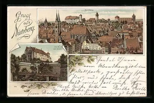 Lithographie Nürnberg, Blick auf die Burg und die Stadt