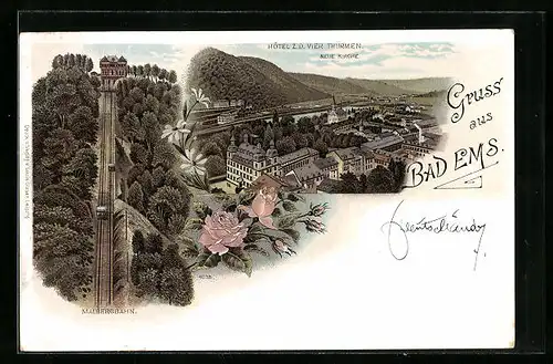 Lithographie Bad Ems, Hotel z. d. Vier Thürmen aus der Vogelschau, Malbergsbahn