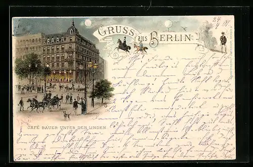 Mondschein-Lithographie Berlin, Cafe Bauer mit belebter Strasse Unter den Linden