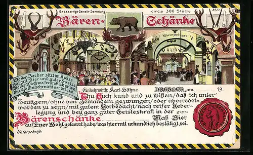 Lithographie Dresden, Saal im Gasthaus Bärenschänke von Karl Höhne