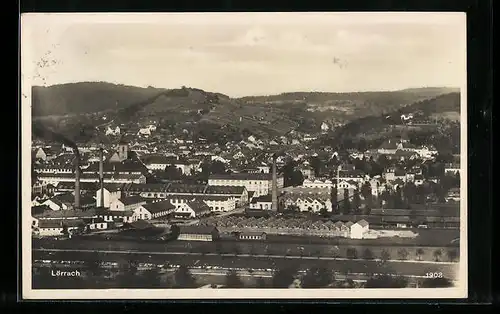 AK Lörrach, Ortsansicht mit Bergen im Hintergrund