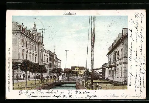 Goldfenster-AK Wörishofen, Kurhaus mit leuchtenden Fenstern und Kanal