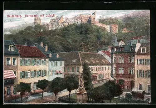 AK Heidelberg, Kornmarkt mit Geschäft und Schloss