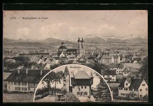AK Kempten /Allg., Burghalde mit Turm, Ortsansicht aus der Vogelschau