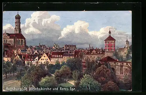 Künstler-AK Augsburg, St. Ulrichskirche und Rotes Tor
