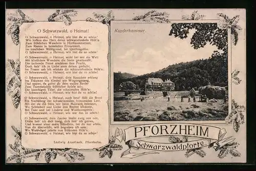 AK Pforzheim, Gasthaus Kupferhammer, Gedicht O Schwarzwald, o Heimat!