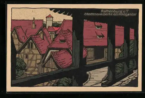 Steindruck-AK Rothenburg a. T., Stadtmauerpartie am Klingentor