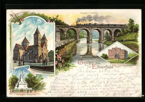 Lithographie Elberfeld, Wupper-Viadukt, Realgymnasium, Marien-Kirche, Krieger-Denkmal