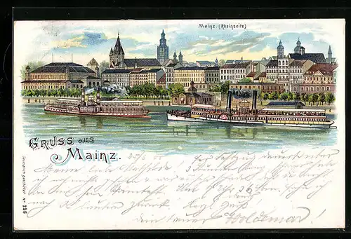 Lithographie Mainz, Dampfer auf dem Rhein, Blick auf die Stadt