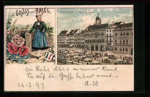 Lithographie Basel, Rathaus und Marktplatz, Tracht