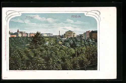 AK Riga, Anlagen mit Ortsblick aus der Vogelschau