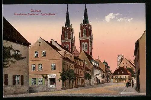 AK Oschatz, Altoschatzer Strasse mit Ägydienkirche