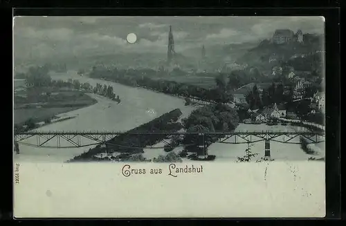 Mondschein-AK Landshut, Totalansicht aus der Vogelschau