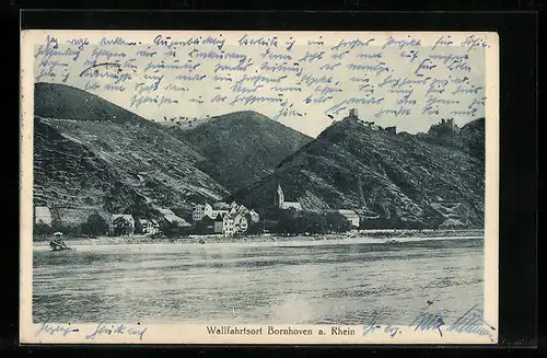 AK Bornhofen a. Rhein, Blick über den Fluss zum Ort