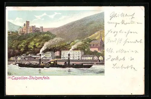 AK Capellen, Ortsansicht über den Fluss mit Schloss Stolzenfels