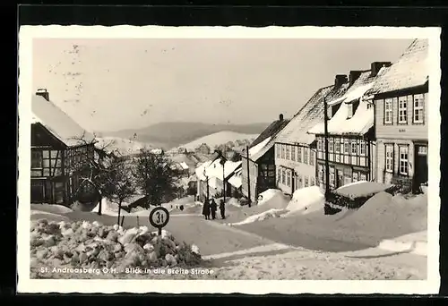 AK St. Andreasberg O. H., Blick in die Breite Strasse im Schnee