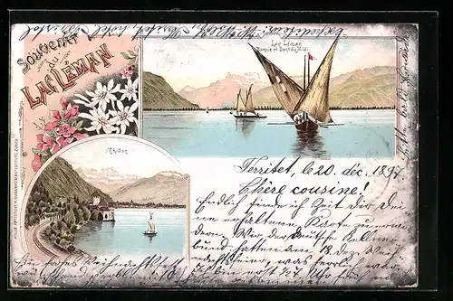 Lithographie Chillon, Ortsansicht mit Seeblick, Lac Léman mit Segelbooten