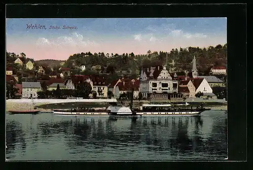 AK Wehlen, Sächs. Schweiz, Flusspartie mit Dampfer und Blick auf die Kirche