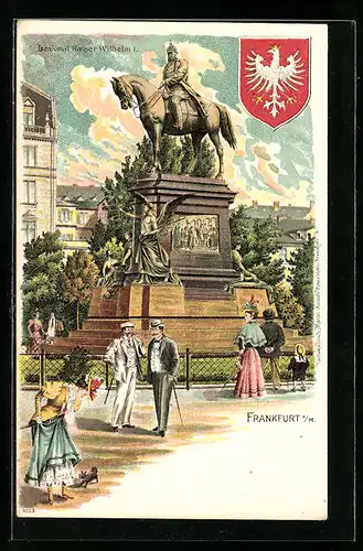 Lithographie Frankfurt, Partie am Kaiser Wilhelm-Denkmal, Wappen