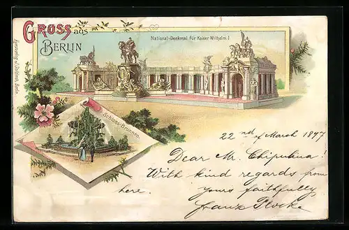 Lithographie Berlin-Grunewald, National-Denkmal für Kaiser Wilhelm I., Schloss-Brunnen