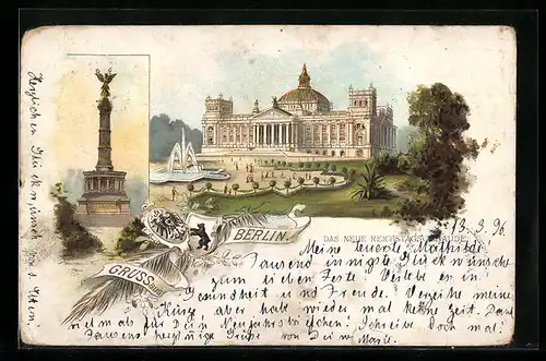 Lithographie Berlin, Neues Reichstagsgebäude, Siegessäule