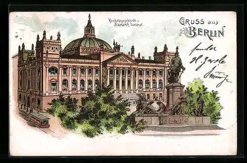 Lithographie Berlin-Tiergarten, Reichstagsgebäude u. Bismarck-Denkmal